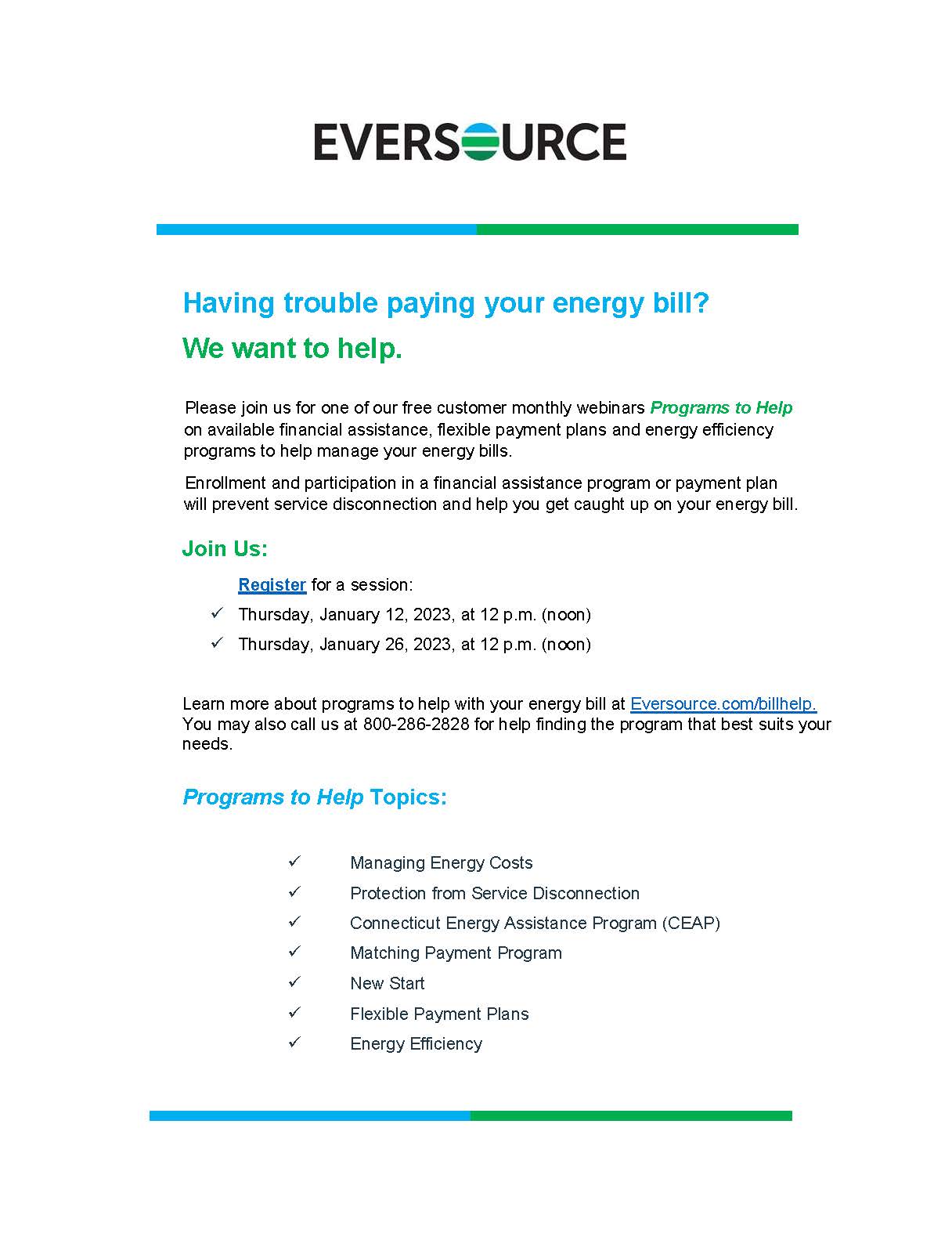 Eversource Webinars_ Programs to Help with Energy Bills_Flyer_CT January 2023